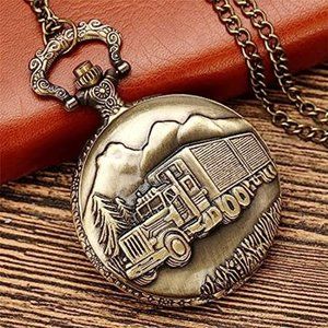 New bronzed semi truck pocket watch on removable chain